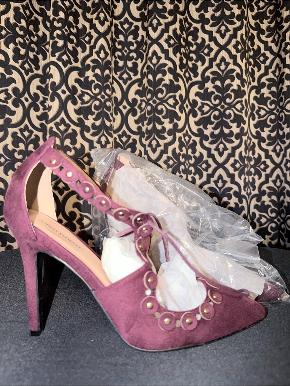 Ashley Stewart Plum Suede T-Strap Stiletto Pumps